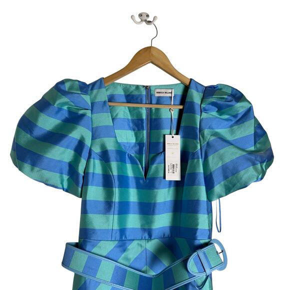 Rebecca Vallance Seychelles Blue Stripe Puff Sleeve Belted Mini Dress Size 8 - Picture 6 of 16
